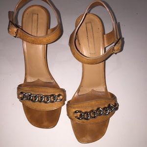 Celine tan leather strappy heel gold chain detail